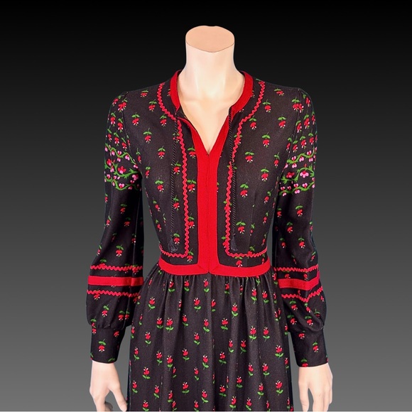 Vintage 1970s Bohemian Black Prairie Folk Dress with Red Trim / S - Picture 2 of 10
